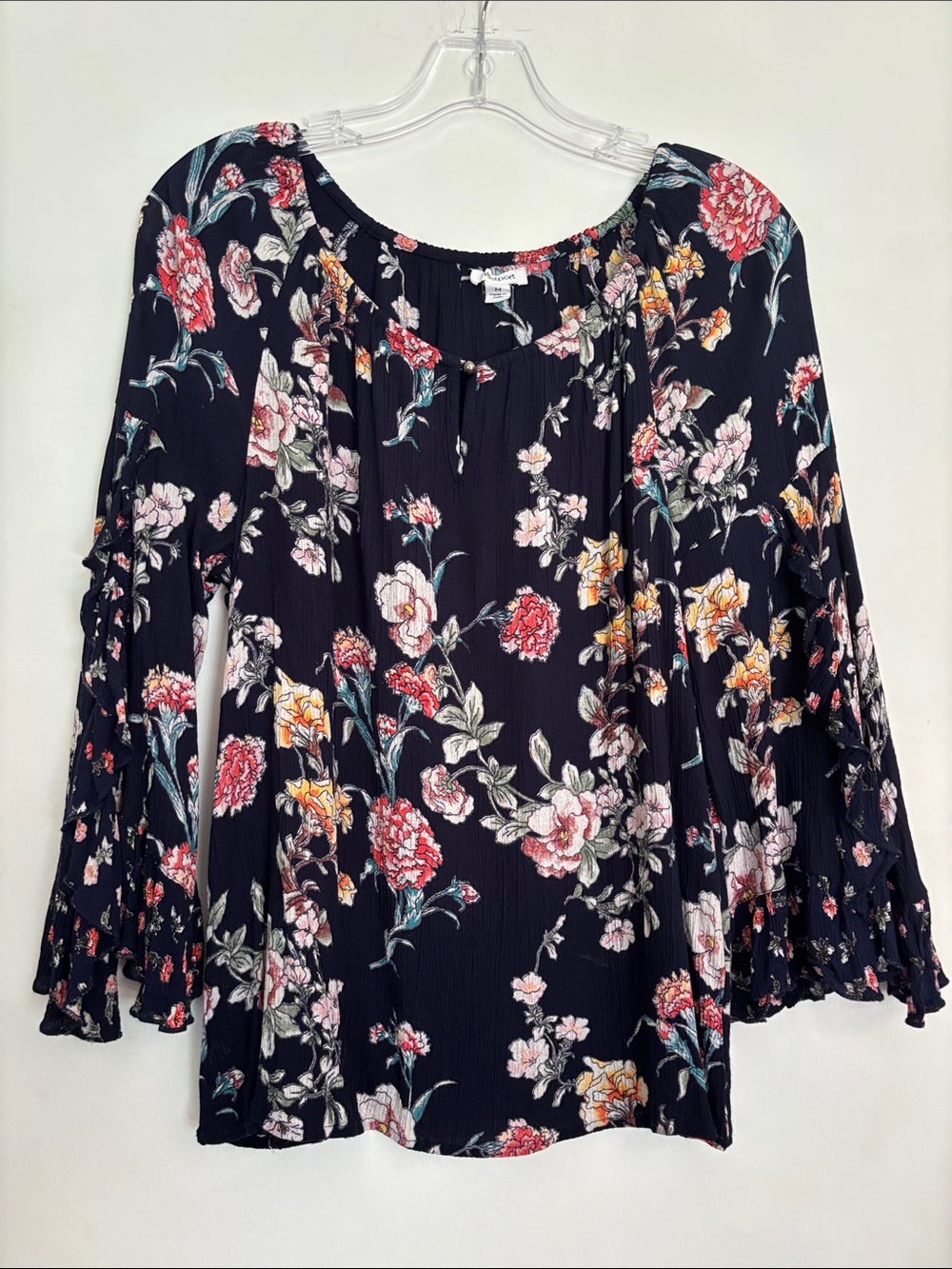 Westport Navy Floral Peasant Tunic with Ruffled Sleeves